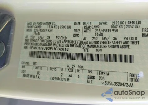 2015 Ford Escape Titanium from USA, damaged, VIN 1FMCU9J93FUC32818